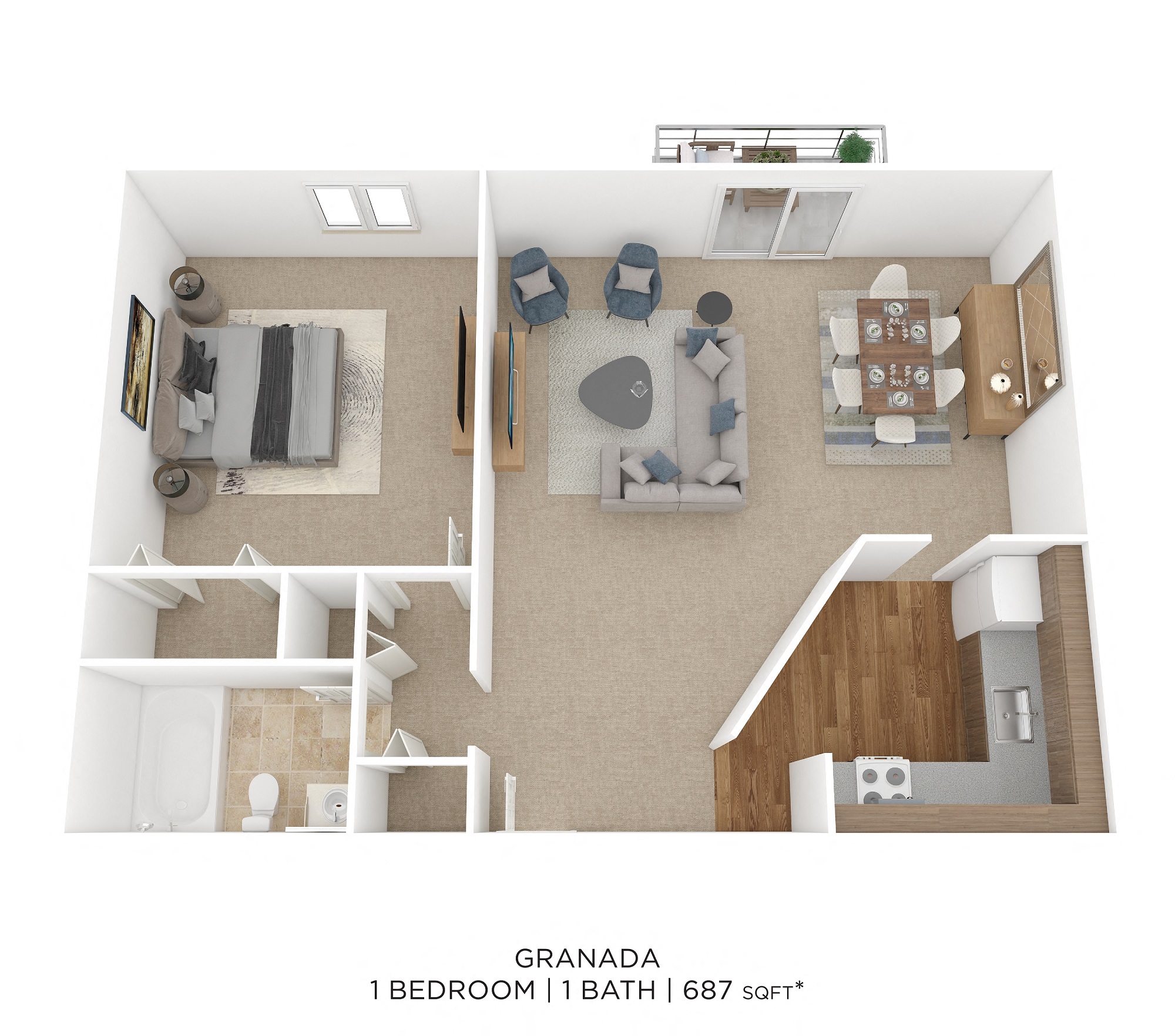 Floor plan for 1 bed, 1 bath, 687 sqft